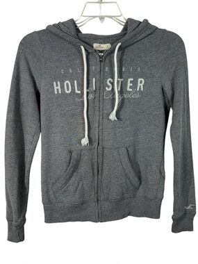 Hollister Vintage Y2K Gray Fitted Full Zip Hoodie Sweatshirt Embroidered Logo LA